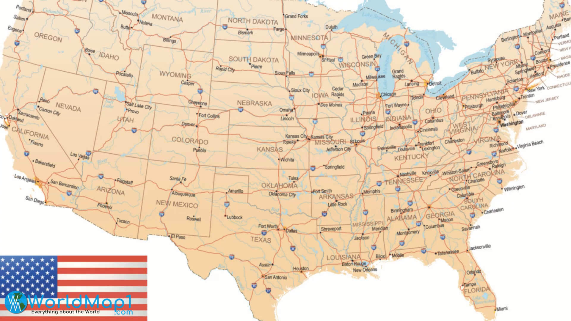 States Map of the USA with Routes